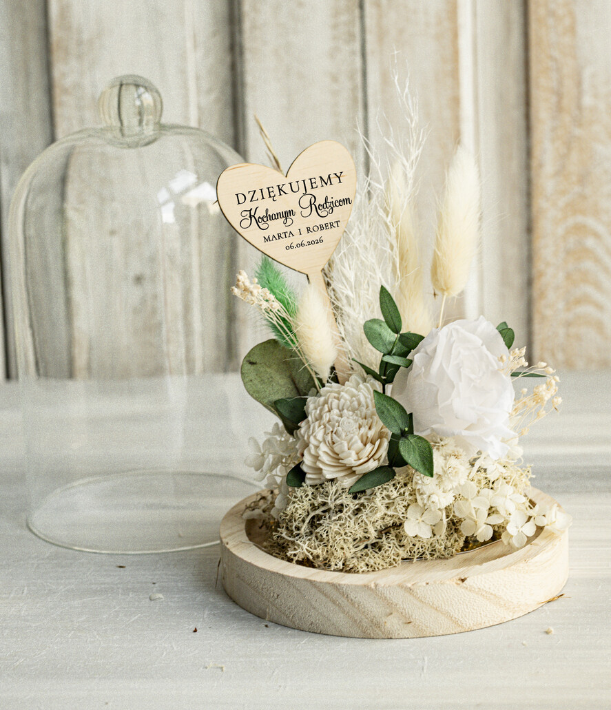 Prezenty, Podziękowania dla Rodziców Kompozycje Kwiatowe / Flowerboxy Personalizowane podziękowania dla Rodziców flowerbox z suszonych kwiatów, Wieczna róża Podziękowanie od Młodej pary w szklanej kopule, pomysł na prezent Rodzicom lub Mamie 3