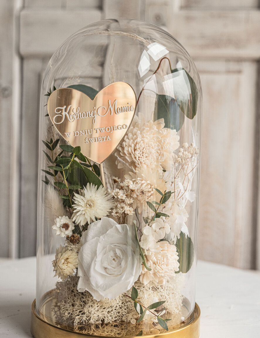 Prezenty dla Mamy flowerboxy, box ze słodyczami  wieczna róża w szklanej kopule, prezent dla mamy flowerbox z suszonych kwiatów, suszone kwiaty w szkle, kompozycja kwiatowa w kopułce ze szkła2