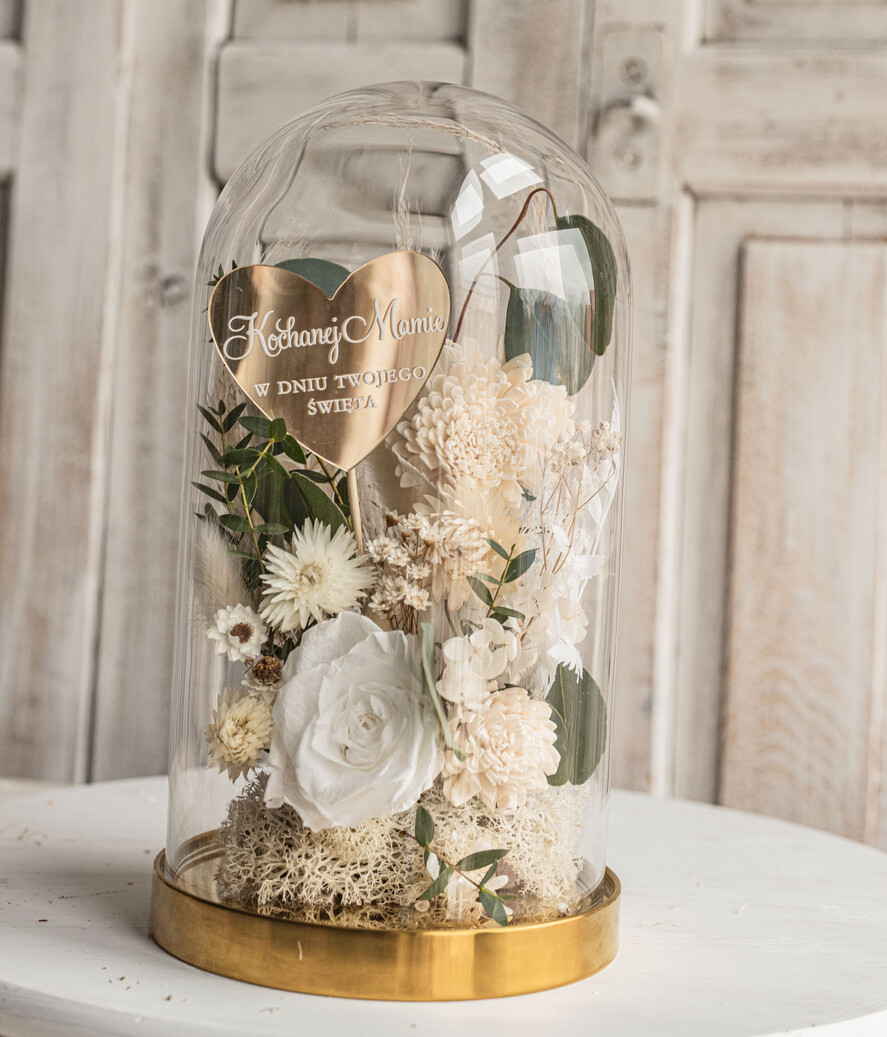 Prezenty dla Mamy flowerboxy, box ze słodyczami  wieczna róża w szklanej kopule, prezent dla mamy flowerbox z suszonych kwiatów, suszone kwiaty w szkle, kompozycja kwiatowa w kopułce ze szkła4
