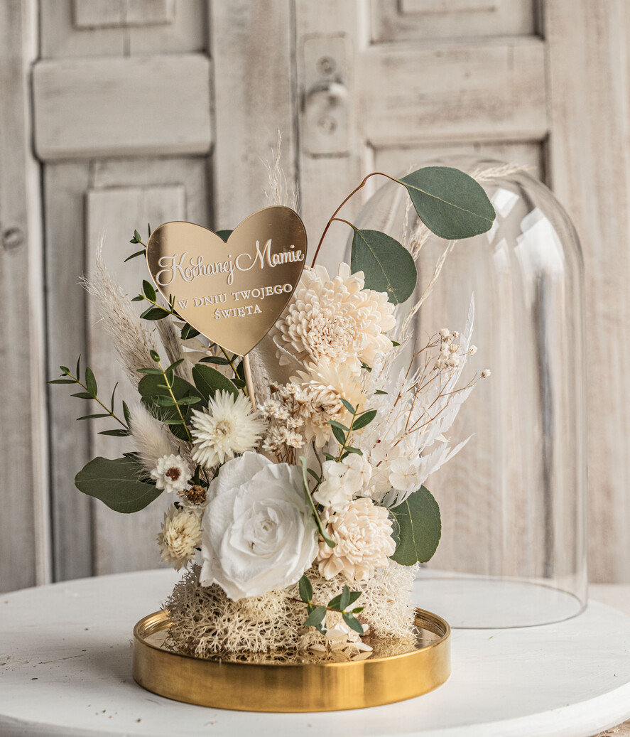 Prezenty dla Mamy flowerboxy, box ze słodyczami  wieczna róża w szklanej kopule, prezent dla mamy flowerbox z suszonych kwiatów, suszone kwiaty w szkle, kompozycja kwiatowa w kopułce ze szkła7
