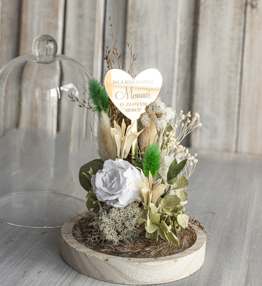 Prezenty dla Mamy flowerboxy, box ze słodyczami  kompozycja kwiatowa w szklanej kopule, prezent dla mamy flowerbox z suszonych kwiatów, suszone kwiaty w szkle, prezent na dzień mamy kwiaty6