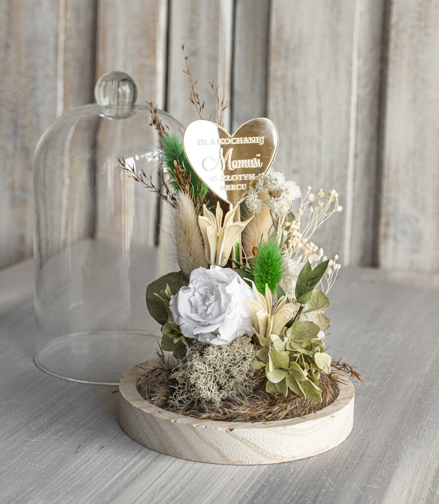 Prezenty dla Mamy flowerboxy, box ze słodyczami  kompozycja kwiatowa w szklanej kopule, prezent dla mamy flowerbox z suszonych kwiatów, suszone kwiaty w szkle, prezent na dzień mamy kwiaty7