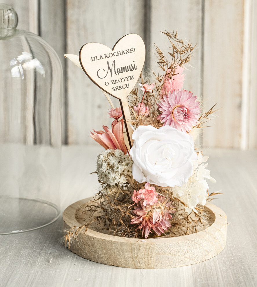 Prezenty dla Mamy flowerboxy, box ze słodyczami  wieczna róża w szklanej kopule, prezent dla mamy flowerbox z suszonych kwiatów, suszone kwiaty w szkle, kompozycja kwiatowa w kopułce ze szkła 3