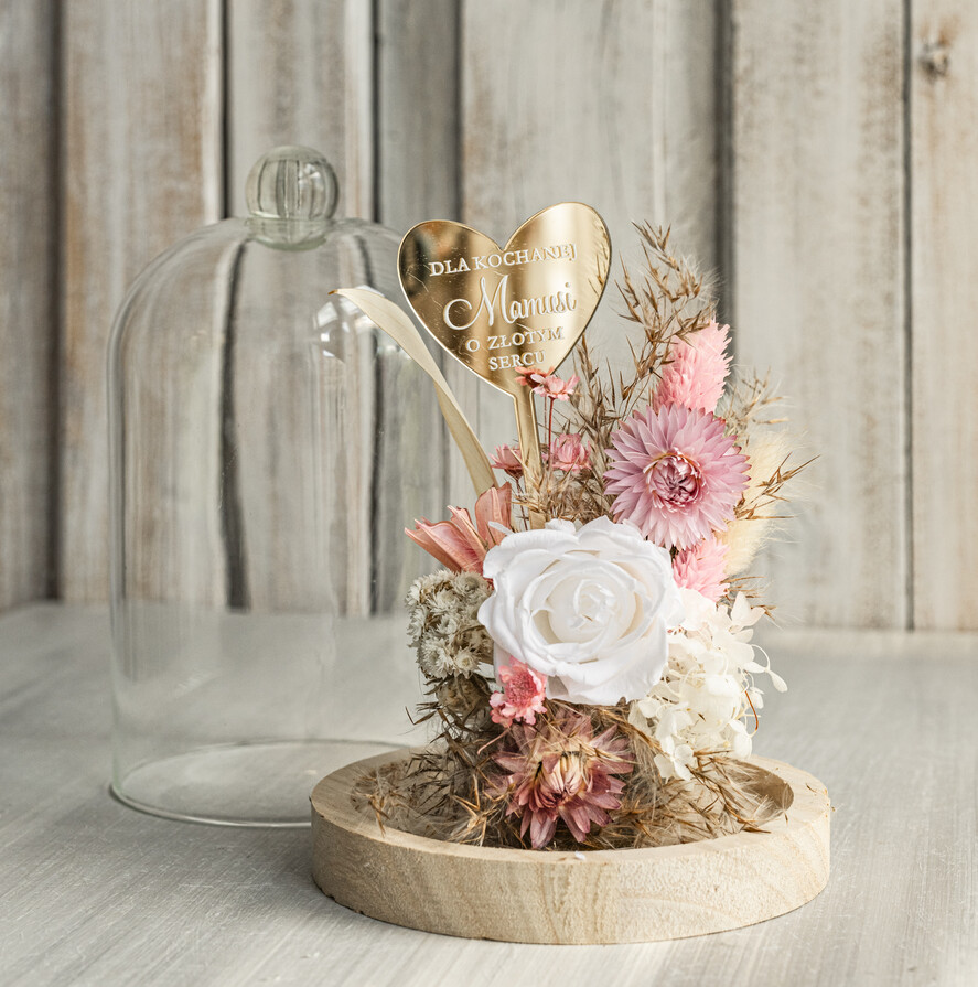 Prezenty dla Mamy flowerboxy, box ze słodyczami  wieczna róża w szklanej kopule, prezent dla mamy flowerbox z suszonych kwiatów, suszone kwiaty w szkle, kompozycja kwiatowa w kopułce ze szkła 4