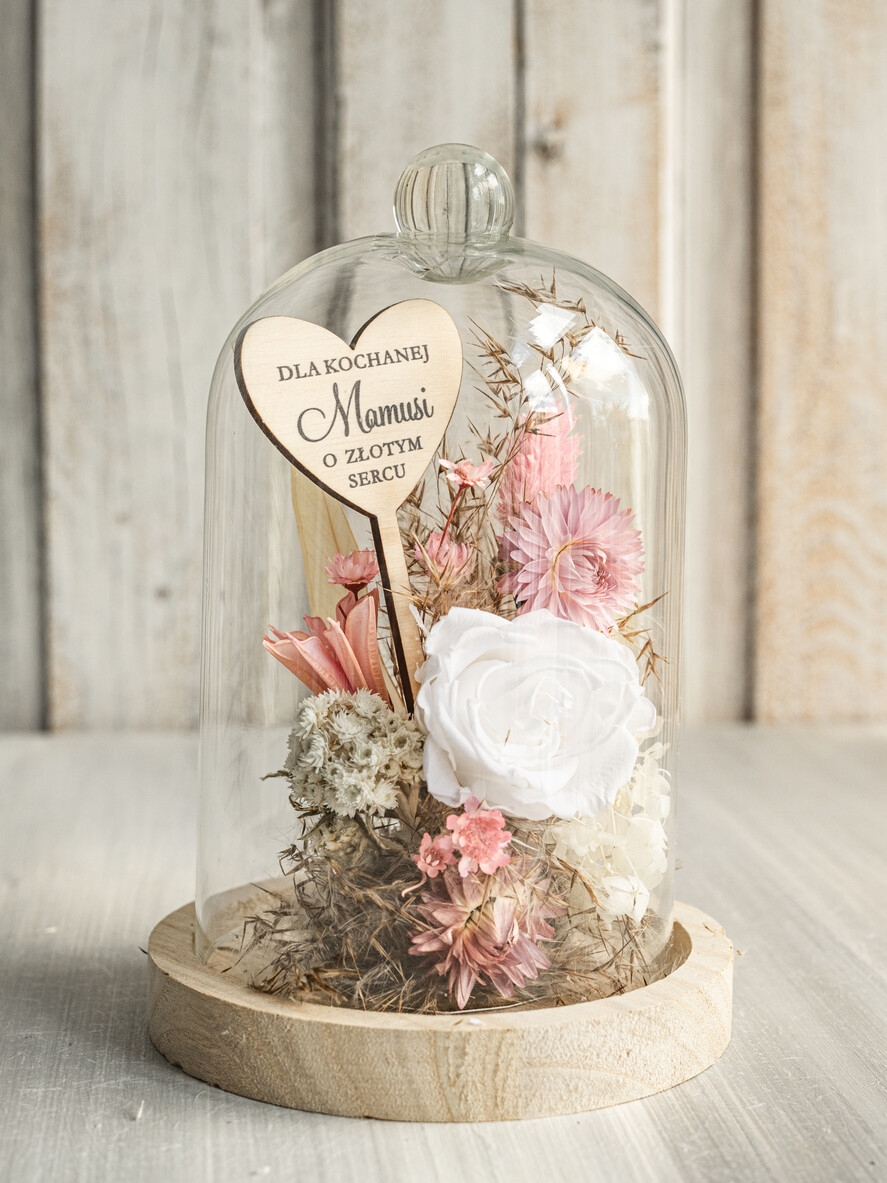 Prezenty dla Mamy flowerboxy, box ze słodyczami  wieczna róża w szklanej kopule, prezent dla mamy flowerbox z suszonych kwiatów, suszone kwiaty w szkle, kompozycja kwiatowa w kopułce ze szkła 5