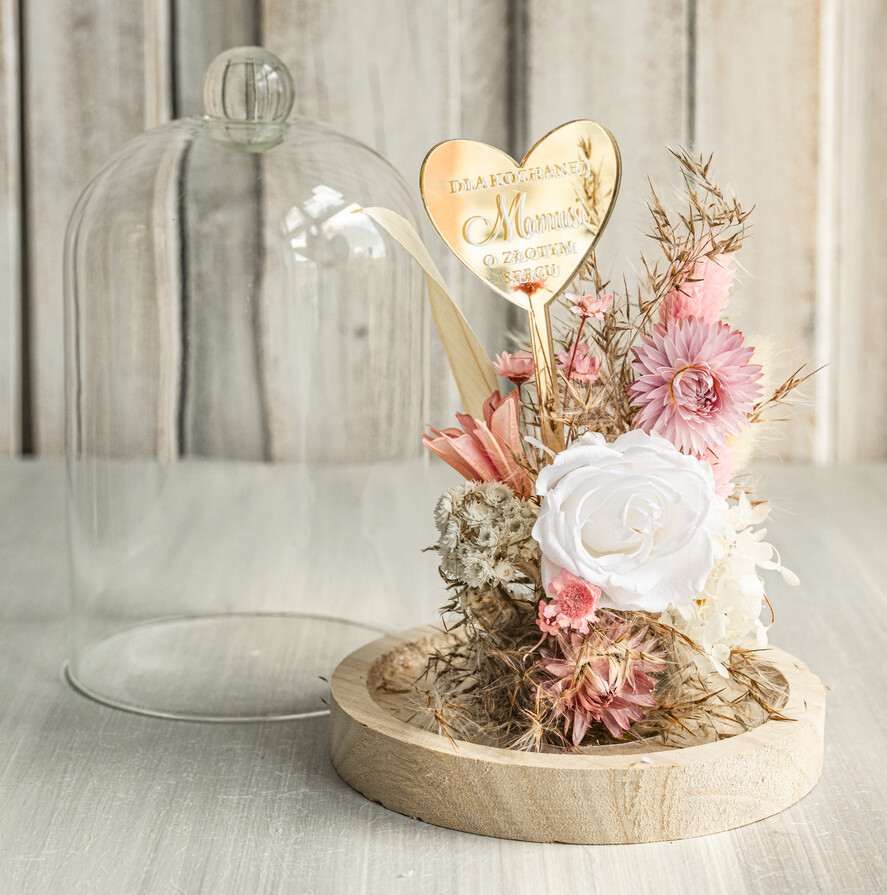 Prezenty dla Mamy flowerboxy, box ze słodyczami  wieczna róża w szklanej kopule, prezent dla mamy flowerbox z suszonych kwiatów, suszone kwiaty w szkle, kompozycja kwiatowa w kopułce ze szkła 7