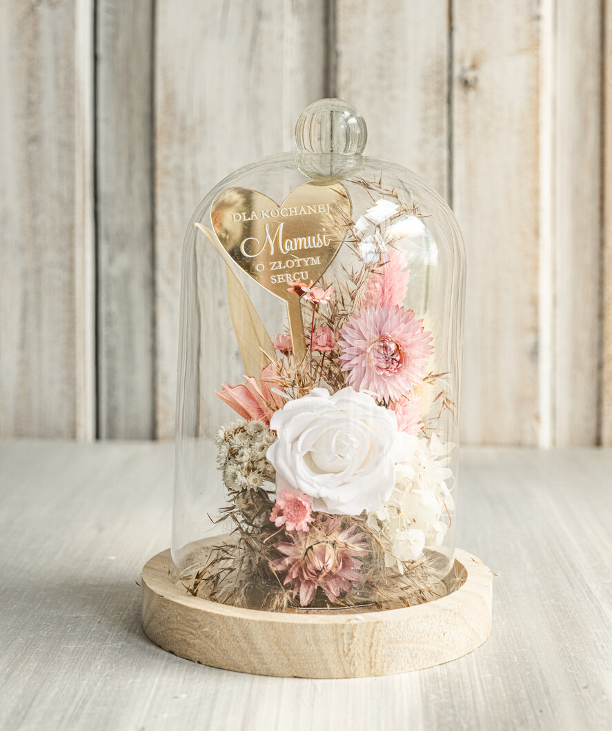Prezenty dla Mamy flowerboxy, box ze słodyczami  wieczna róża w szklanej kopule, prezent dla mamy flowerbox z suszonych kwiatów, suszone kwiaty w szkle, kompozycja kwiatowa w kopułce ze szkła 0