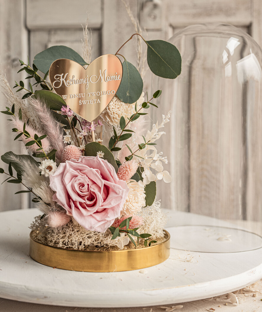 Prezenty dla Mamy flowerboxy, box ze słodyczami  różowa wieczna róża w szklanej kopule, prezent dla mamy flowerbox z suszonych kwiatów, suszone kwiaty w szkle, kompozycja kwiatowa w kopułce ze szkła 1