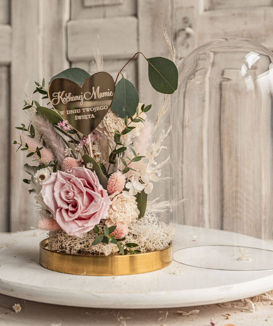 Prezenty dla Mamy flowerboxy, box ze słodyczami  różowa wieczna róża w szklanej kopule, prezent dla mamy flowerbox z suszonych kwiatów, suszone kwiaty w szkle, kompozycja kwiatowa w kopułce ze szkła 11
