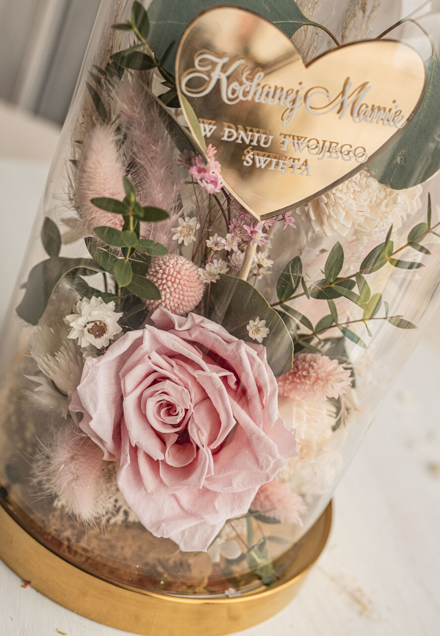 Prezenty dla Mamy flowerboxy, box ze słodyczami  różowa wieczna róża w szklanej kopule, prezent dla mamy flowerbox z suszonych kwiatów, suszone kwiaty w szkle, kompozycja kwiatowa w kopułce ze szkła 5