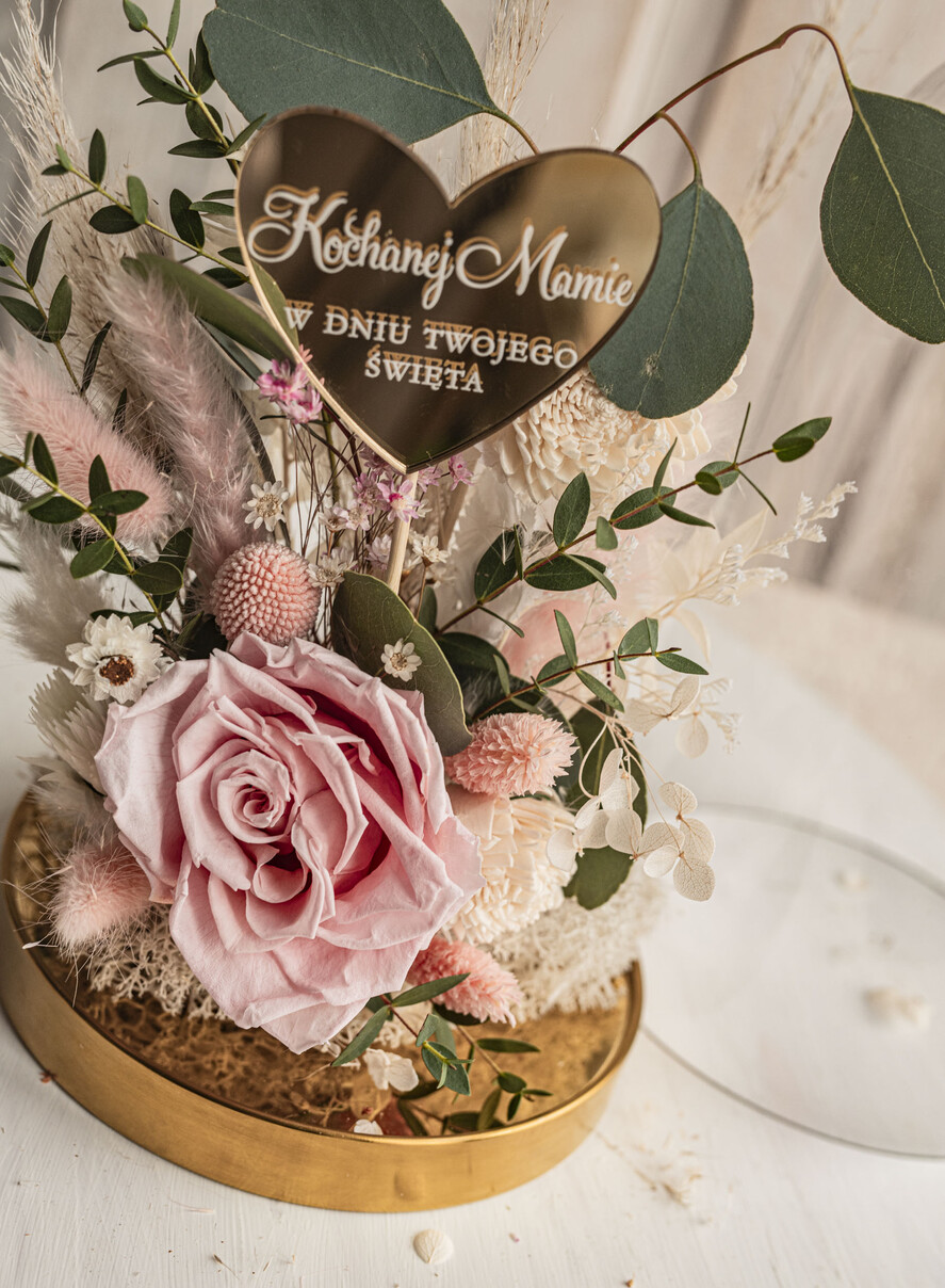 Prezenty dla Mamy flowerboxy, box ze słodyczami  różowa wieczna róża w szklanej kopule, prezent dla mamy flowerbox z suszonych kwiatów, suszone kwiaty w szkle, kompozycja kwiatowa w kopułce ze szkła 7