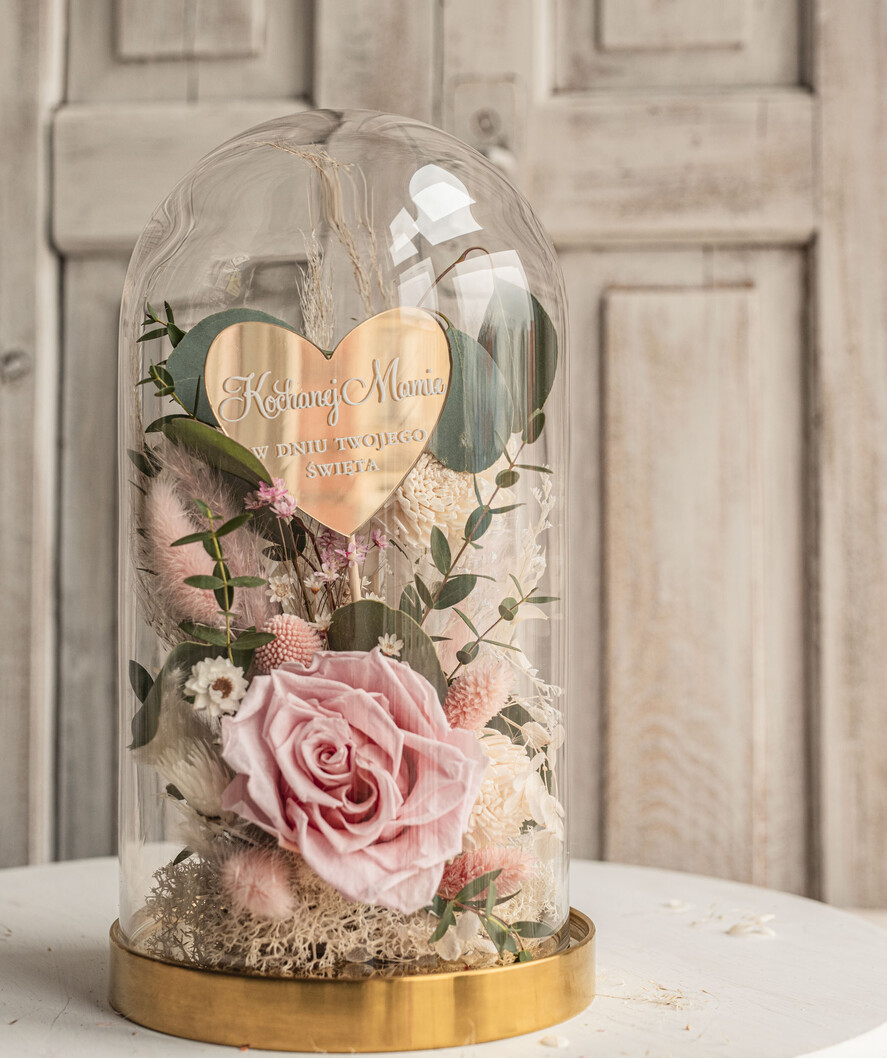 Prezenty dla Mamy flowerboxy, box ze słodyczami  różowa wieczna róża w szklanej kopule, prezent dla mamy flowerbox z suszonych kwiatów, suszone kwiaty w szkle, kompozycja kwiatowa w kopułce ze szkła 9