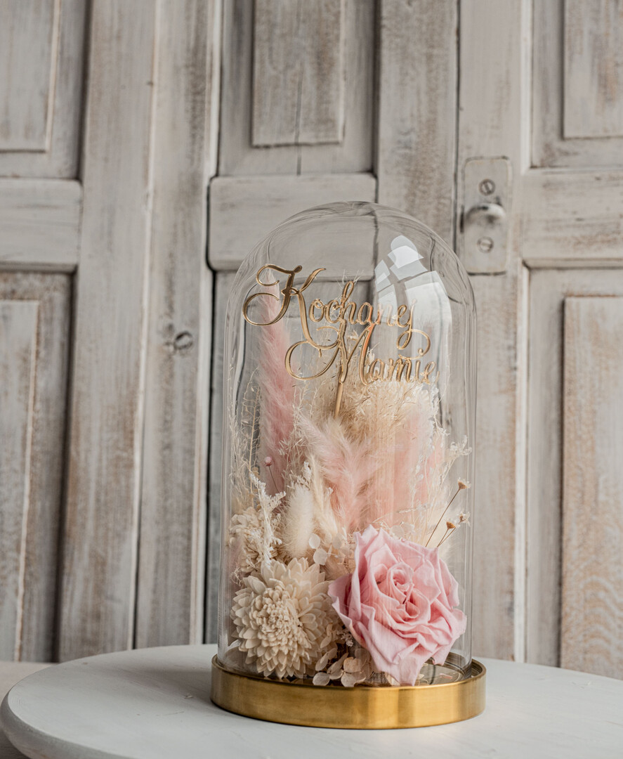 Prezenty dla Mamy flowerboxy, box ze słodyczami  flowerbox, pomysł na prezent prezent dla mamy kwiaty w kopule kompozycja z kwiatów suszonych wieczne roze,  kwiaty w szkle, rózowa wieczna róża18
