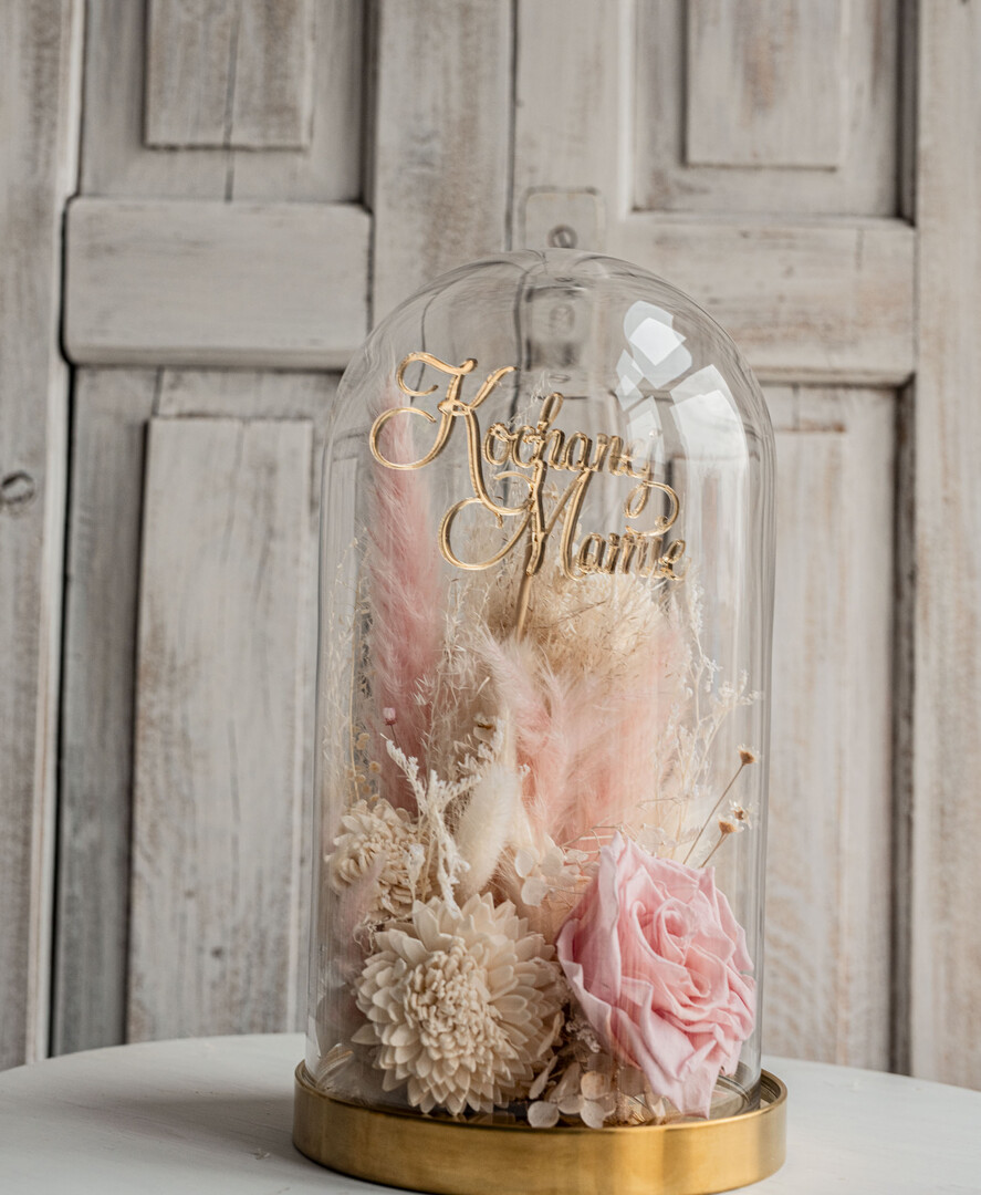 Prezenty dla Mamy flowerboxy, box ze słodyczami  flowerbox, pomysł na prezent prezent dla mamy kwiaty w kopule kompozycja z kwiatów suszonych wieczne roze,  kwiaty w szkle, rózowa wieczna róża19