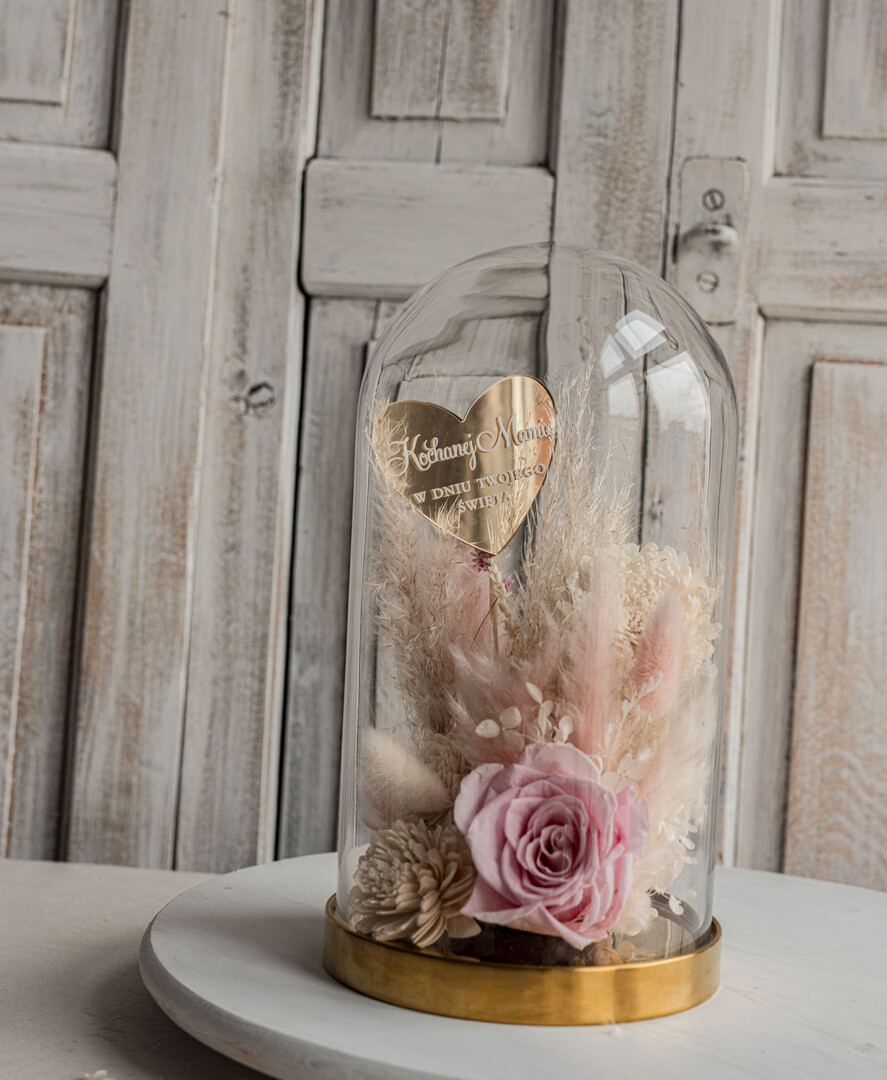 Prezenty dla Mamy flowerboxy, box ze słodyczami  flowerbox, pomysł na prezent prezent dla mamy kwiaty w kopule kompozycja z kwiatów suszonych wieczne roze,  kwiaty w szkle, rózowa wieczna róża24