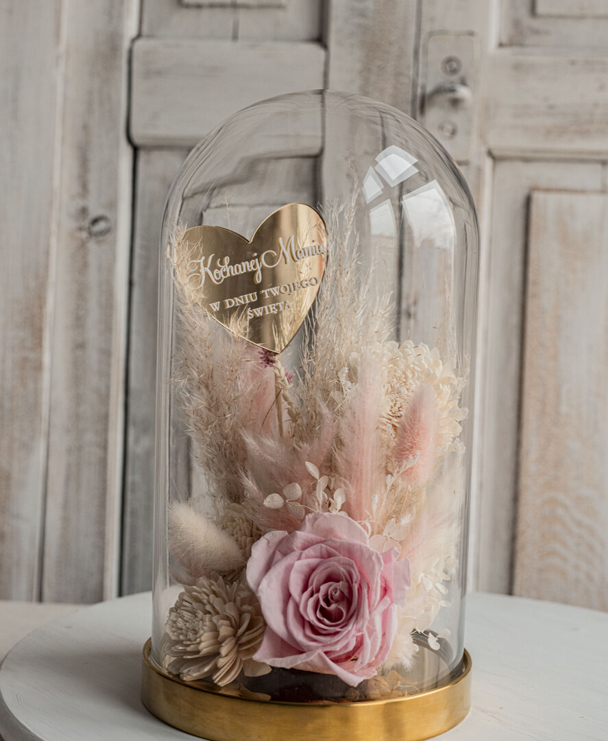 Prezenty dla Mamy flowerboxy, box ze słodyczami  flowerbox, pomysł na prezent prezent dla mamy kwiaty w kopule kompozycja z kwiatów suszonych wieczne roze,  kwiaty w szkle, rózowa wieczna róża26