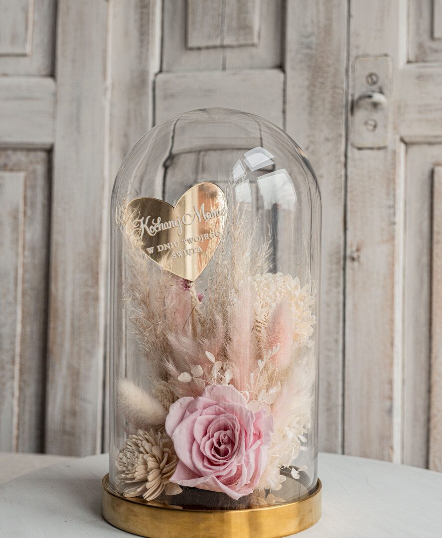 Prezenty dla Mamy flowerboxy, box ze słodyczami  flowerbox, pomysł na prezent prezent dla mamy kwiaty w kopule kompozycja z kwiatów suszonych wieczne roze,  kwiaty w szkle, rózowa wieczna róża27