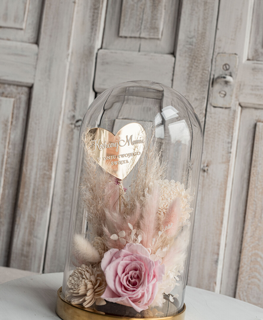 Prezenty dla Mamy flowerboxy, box ze słodyczami  flowerbox, pomysł na prezent prezent dla mamy kwiaty w kopule kompozycja z kwiatów suszonych wieczne roze,  kwiaty w szkle, rózowa wieczna róża28
