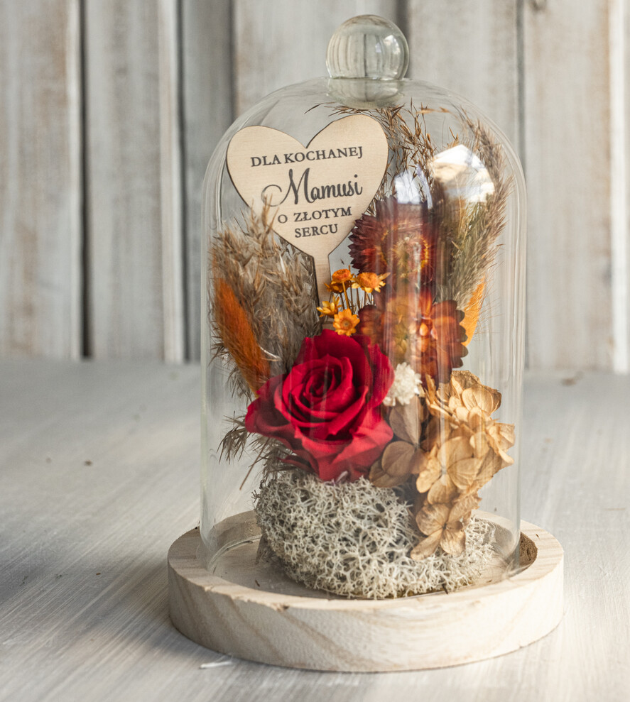 Prezenty dla Mamy flowerboxy, box ze słodyczami  flowerbox, pomysł na prezent na dzień mamy, prezent dla mamy kwiaty w kopule kompozycja z kwiatów suszonych wieczne roze, kwiaty w szkle, bordowa wieczna róża1