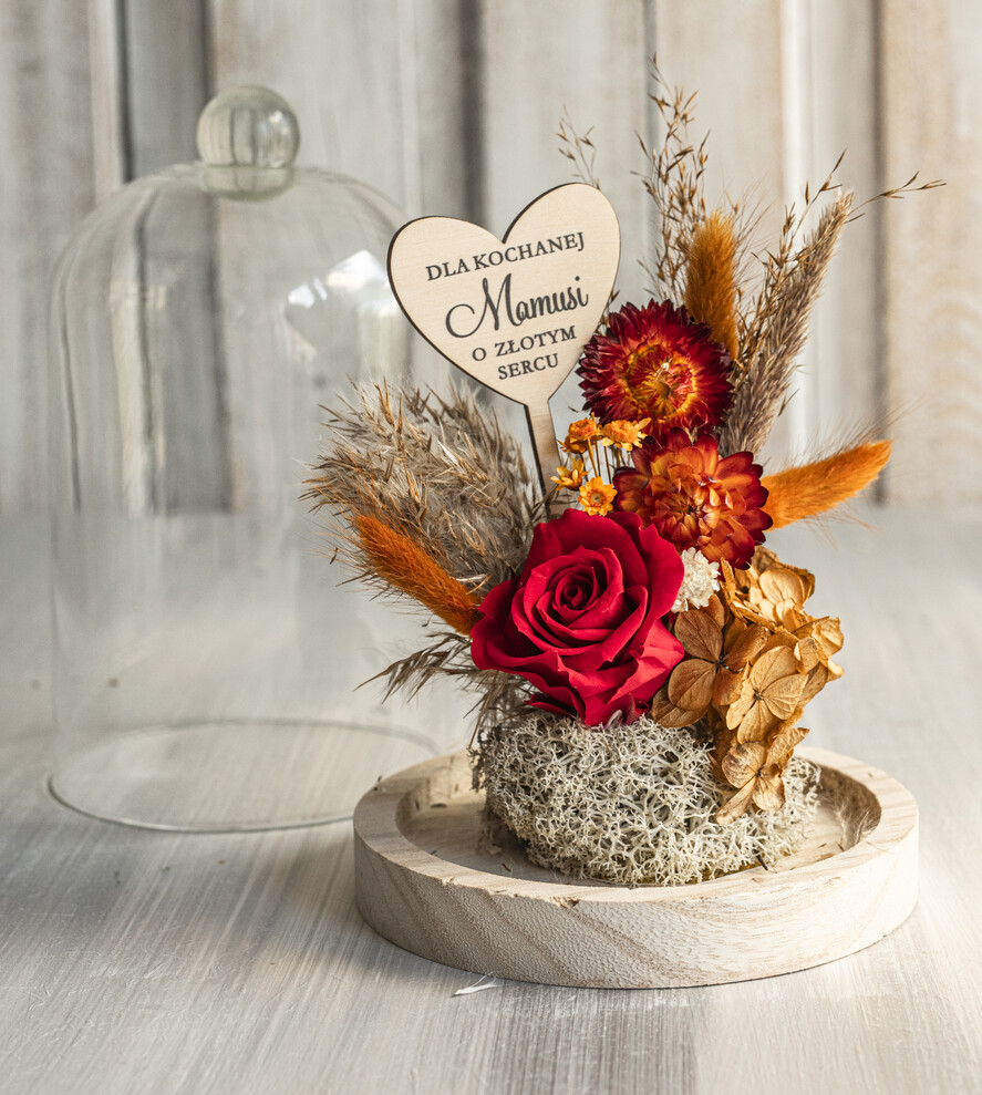 Prezenty dla Mamy flowerboxy, box ze słodyczami  flowerbox, pomysł na prezent na dzień mamy, prezent dla mamy kwiaty w kopule kompozycja z kwiatów suszonych wieczne roze, kwiaty w szkle, bordowa wieczna róża2