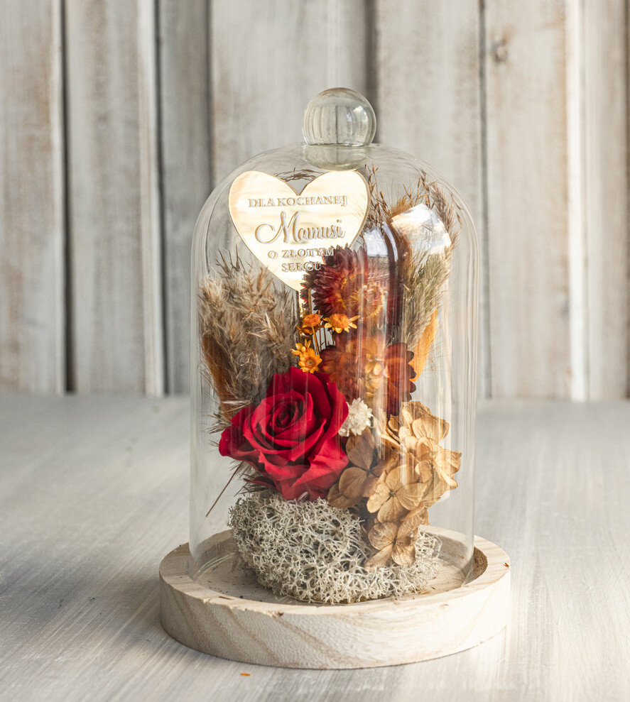 Prezenty dla Mamy flowerboxy, box ze słodyczami  flowerbox, pomysł na prezent na dzień mamy, prezent dla mamy kwiaty w kopule kompozycja z kwiatów suszonych wieczne roze, kwiaty w szkle, bordowa wieczna róża5