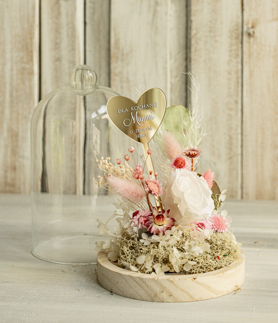Prezenty dla Mamy flowerboxy, box ze słodyczami  kompozycja kwiatowa w szklanej kopule, prezent dla mamy flowerbox z suszonych kwiatów, suszone kwiaty w szkle, prezent na dzień mamy kwiaty3