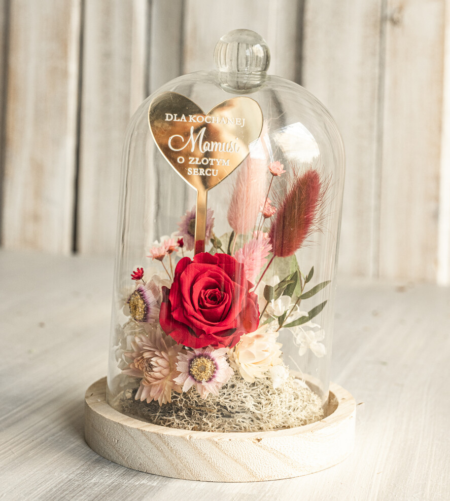 Prezenty dla Mamy flowerboxy, box ze słodyczami  kompozycja kwiatowa w szklanej kopule, prezent dla mamy flowerbox z suszonych kwiatów, suszone kwiaty w szkle, prezent na dzień mamy kwiaty7