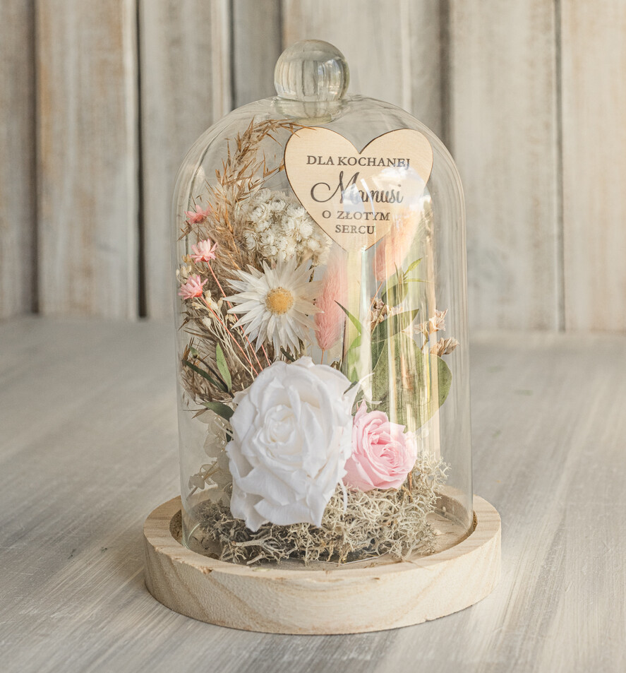 Prezenty dla Mamy flowerboxy, box ze słodyczami  wieczna róża w szklanej kopule, prezent dla mamy flowerbox z suszonych kwiatów, suszone kwiaty w szkle, kompozycja kwiatowa w kopułce ze szkła1