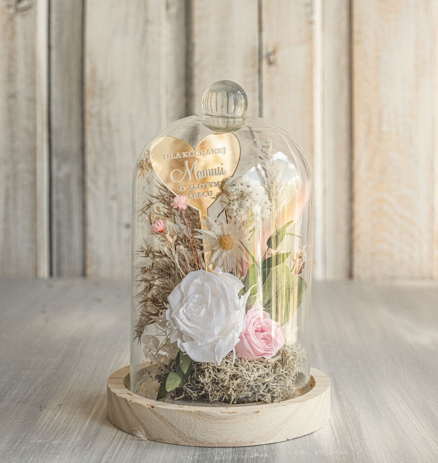 Prezenty dla Mamy flowerboxy, box ze słodyczami  wieczna róża w szklanej kopule, prezent dla mamy flowerbox z suszonych kwiatów, suszone kwiaty w szkle, kompozycja kwiatowa w kopułce ze szkła5
