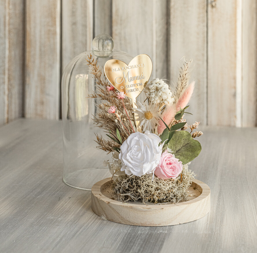 Prezenty dla Mamy flowerboxy, box ze słodyczami  wieczna róża w szklanej kopule, prezent dla mamy flowerbox z suszonych kwiatów, suszone kwiaty w szkle, kompozycja kwiatowa w kopułce ze szkła6