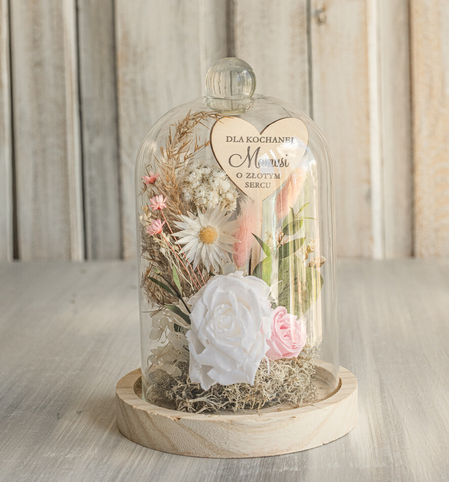 Prezenty dla Mamy flowerboxy, box ze słodyczami  wieczna róża w szklanej kopule, prezent dla mamy flowerbox z suszonych kwiatów, suszone kwiaty w szkle, kompozycja kwiatowa w kopułce ze szkła7
