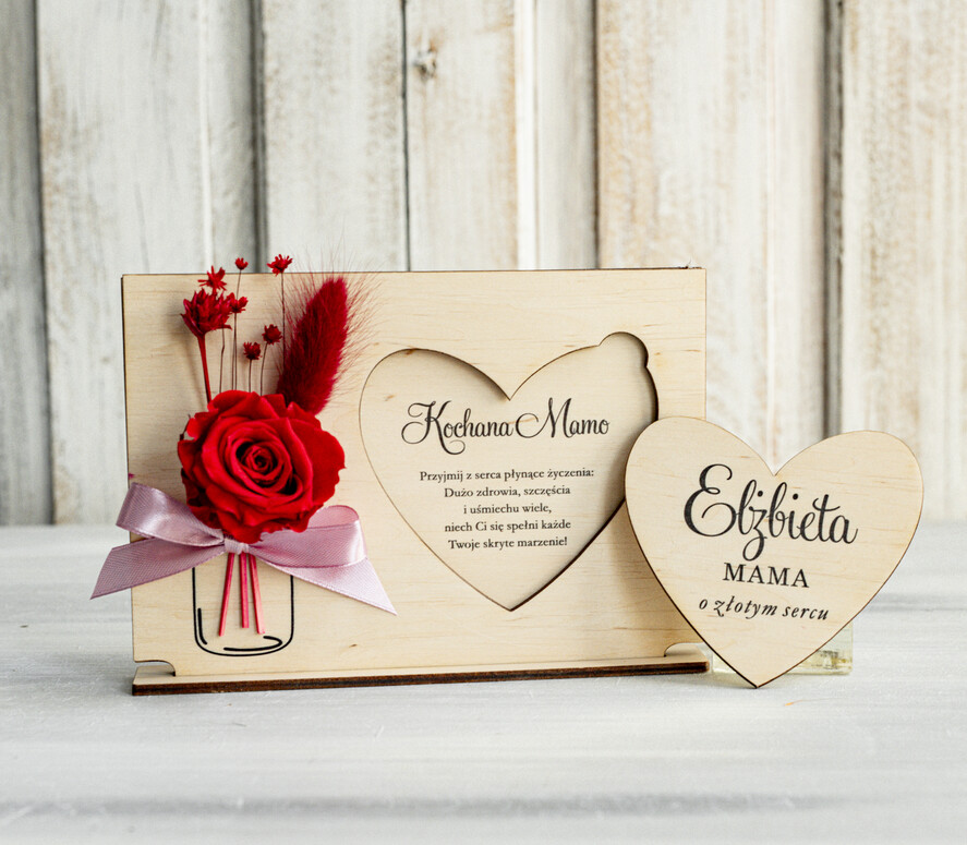 Prezenty dla Mamy flowerboxy, box ze słodyczami  drewniana tabliczka z życzeniami na dzień Mamy z wieczną rożą prezent z okazji dnia Matki, kwiaty prezent dla mamy,1