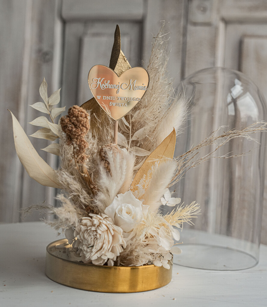 Prezenty dla Mamy flowerboxy, box ze słodyczami  Prezent na dzień matki suszone kwiaty w szkle, prezent dla mamy kwiaty w szklanej kopule, kompozycje z suszonych kwiatów, Szklana kopuła suszony bukiet3