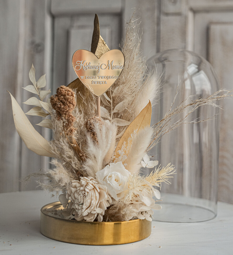 Prezenty dla Mamy flowerboxy, box ze słodyczami  Prezent na dzień matki suszone kwiaty w szkle, prezent dla mamy kwiaty w szklanej kopule, kompozycje z suszonych kwiatów, Szklana kopuła suszony bukiet6
