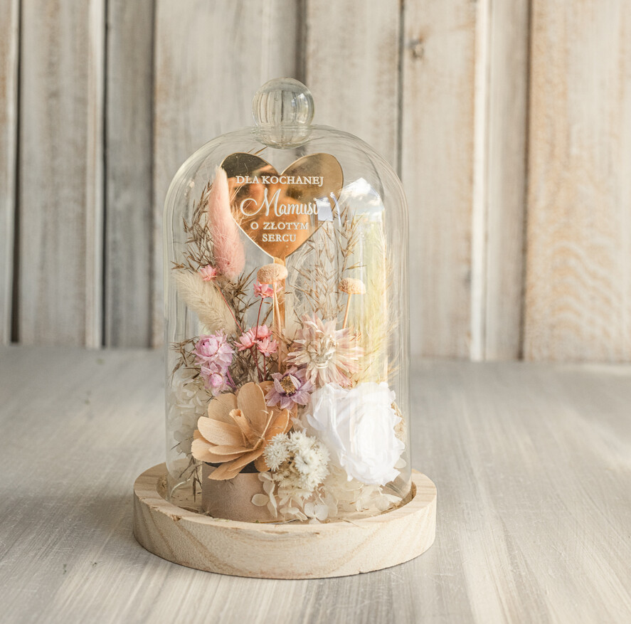 Prezenty dla Mamy flowerboxy, box ze słodyczami  kompozycja kwiatowa w szklanej kopule, prezent dla mamy flowerbox z suszonych kwiatów, suszone kwiaty w szkle, prezent na dzień mamy kwiaty7