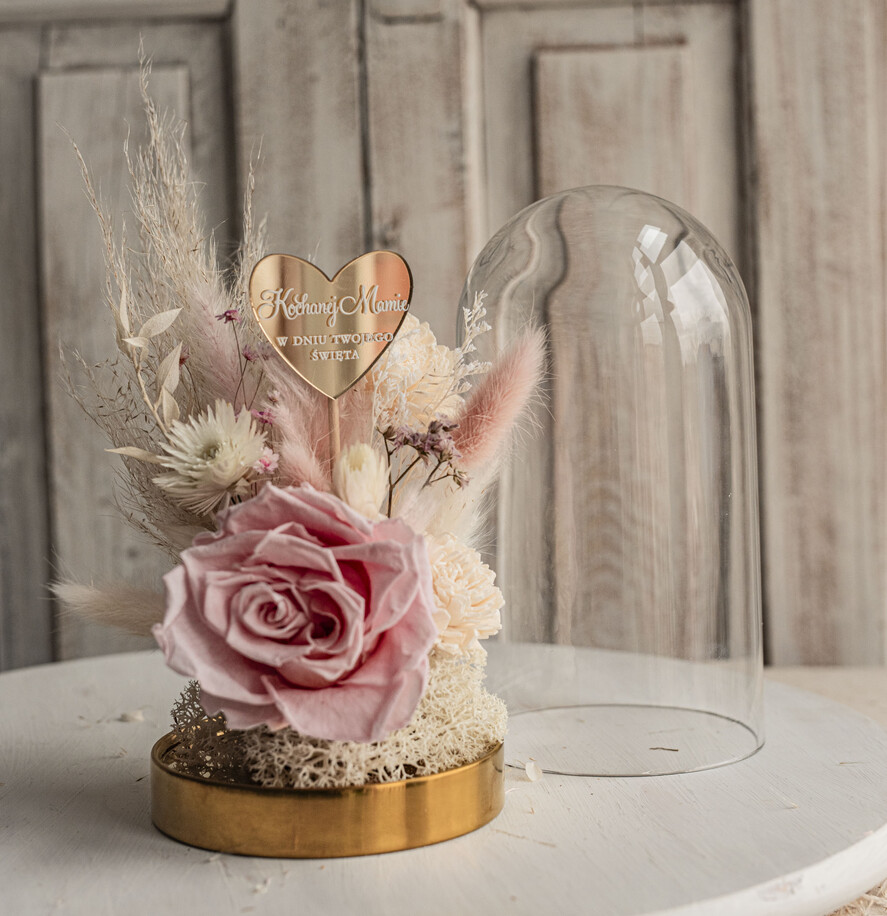 Prezenty dla Mamy flowerboxy, box ze słodyczami  pomysł na prezent dla Mamy na urodziny kwiaty w szklanej kopule, prezent na dzień Mamy suszone kwiaty w szkle, szklana kopuła z wieczną różą kopułka 19 cm 2
