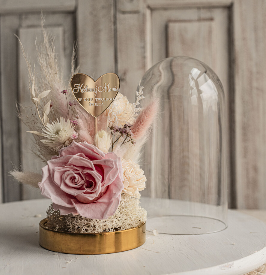 Prezenty dla Mamy flowerboxy, box ze słodyczami  pomysł na prezent dla Mamy na urodziny kwiaty w szklanej kopule, prezent na dzień Mamy suszone kwiaty w szkle, szklana kopuła z wieczną różą kopułka 19 cm 5