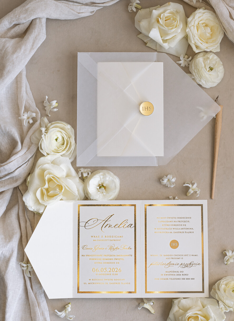 Zaproszenia na Komunię  dziewczynka  komunijne złote zaproszenia, zaproszenia na Pierwszą komunię składane w kopertę, zaproszenia na komunię dla dziewczynki, eleganckie zaproszenie na komunię4