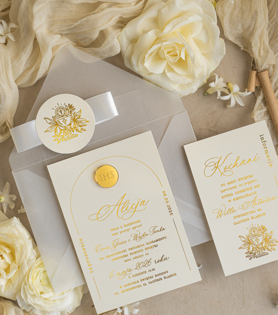 Zaproszenia na Komunię  dziewczynka  delikatne zaproszenie Komunijne, eleganckie zaproszenia na Komunię , Złote Zaproszenia na Komunię dla dziewczynki, zaproszenia Komunijne ze złotymi literami5