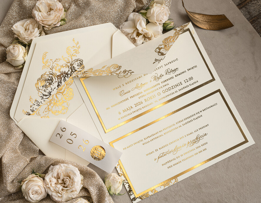 Zaproszenia na Komunię  dziewczynka  Nowoczesne zaproszenia na Komunię, Złote Zaproszenia na Komunię dla dziewczynki, Eleganckie zaproszenia Komunijne ze złotymi literami5