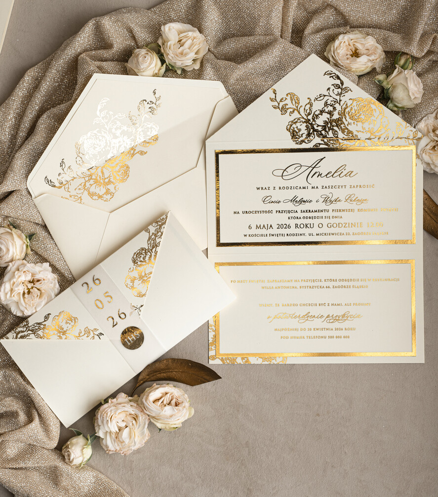 Zaproszenia na Komunię  dziewczynka  Nowoczesne zaproszenia na Komunię, Złote Zaproszenia na Komunię dla dziewczynki, Eleganckie zaproszenia Komunijne ze złotymi literami0