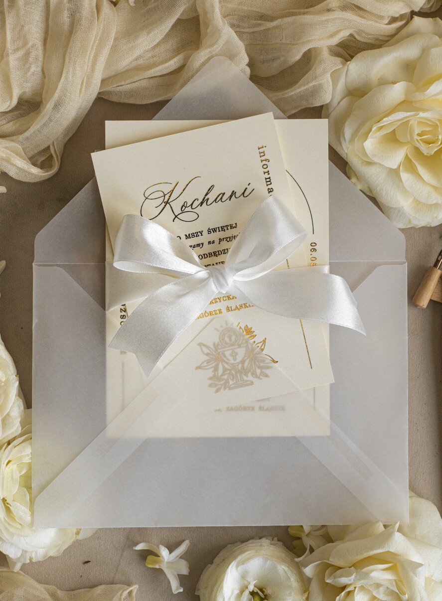 Zaproszenia na Komunię  dziewczynka  delikatne zaproszenia Komunijne Eleganckie zaproszenia komunijne dla dziewczynki, zaproszenia na komunię ze wstążką, złote zaproszenia na komunię z ozdobnym lakiem3