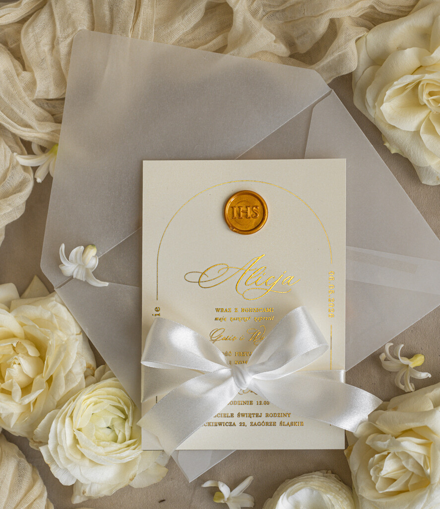 Zaproszenia na Komunię  dziewczynka  delikatne zaproszenia Komunijne Eleganckie zaproszenia komunijne dla dziewczynki, zaproszenia na komunię ze wstążką, złote zaproszenia na komunię z ozdobnym lakiem5