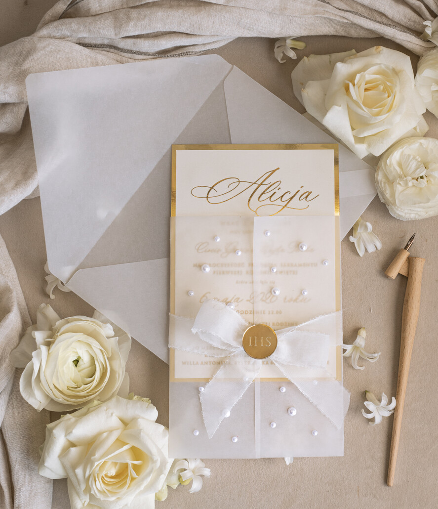 Zaproszenia na Komunię  dziewczynka  Perełkowe zaproszenia komunijne dla dziewczynki, zaproszenia na komunię z perełkami, złote zaproszenia na komunię, zaproszenia na Pierwszą Komunię6