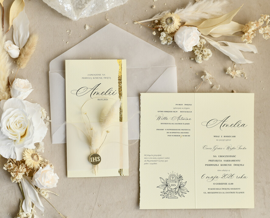 Zaproszenia na Komunię  dziewczynka  Podłużne różowe złocone zaproszenia na Komunię nowoczesne  Zaproszenia komunijne personalizowane2