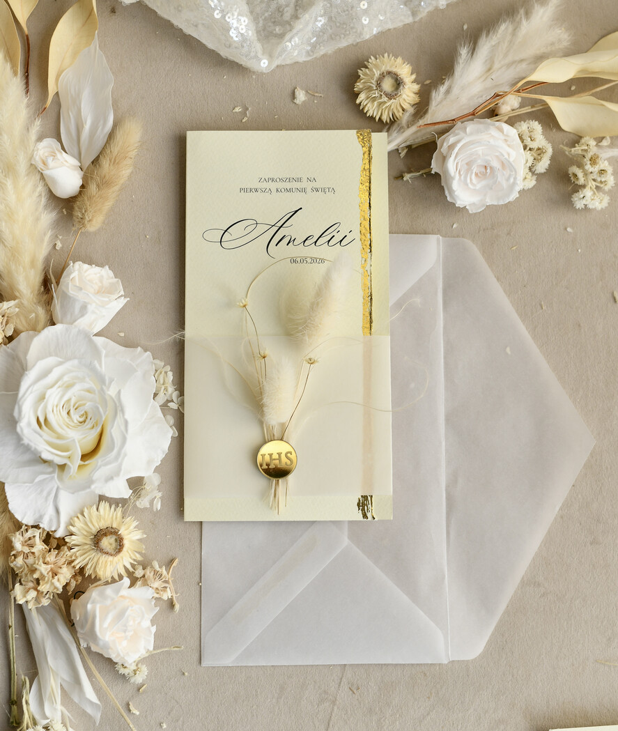 Zaproszenia na Komunię  dziewczynka  Podłużne różowe złocone zaproszenia na Komunię nowoczesne  Zaproszenia komunijne personalizowane7