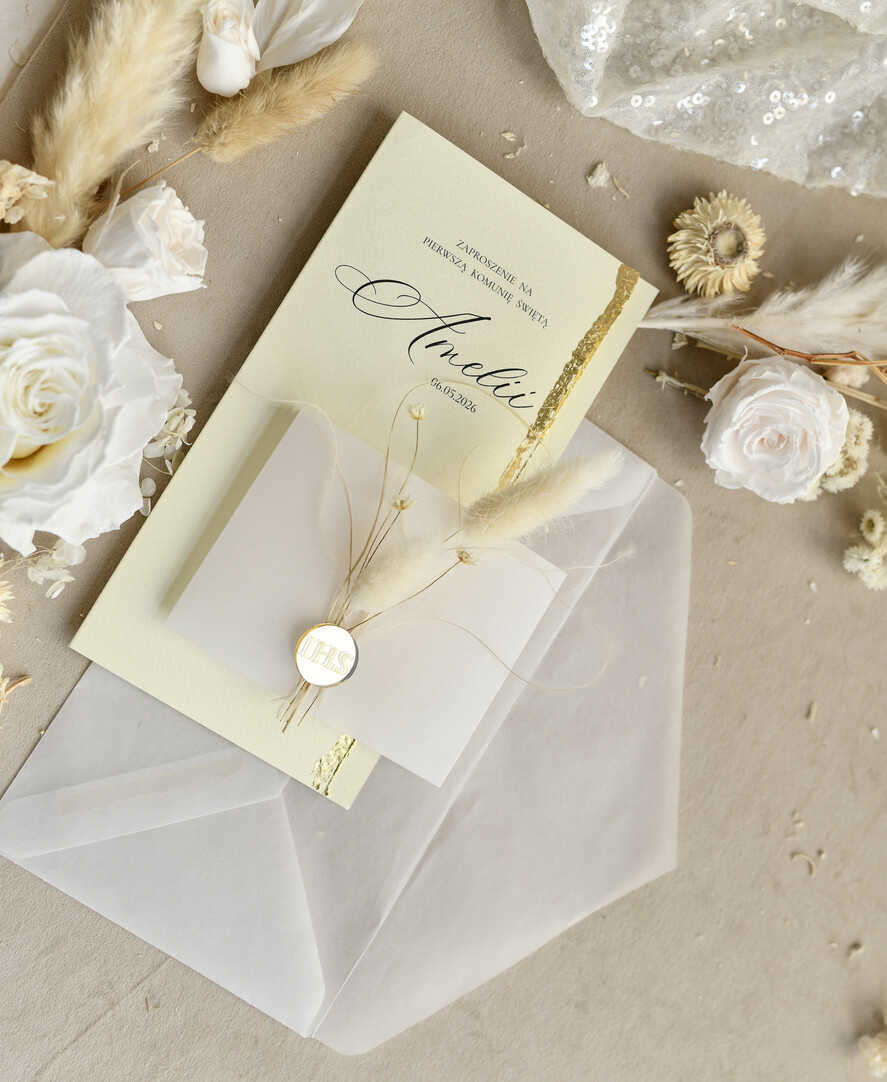 Zaproszenia na Komunię  dziewczynka  Podłużne różowe złocone zaproszenia na Komunię nowoczesne  Zaproszenia komunijne personalizowane9