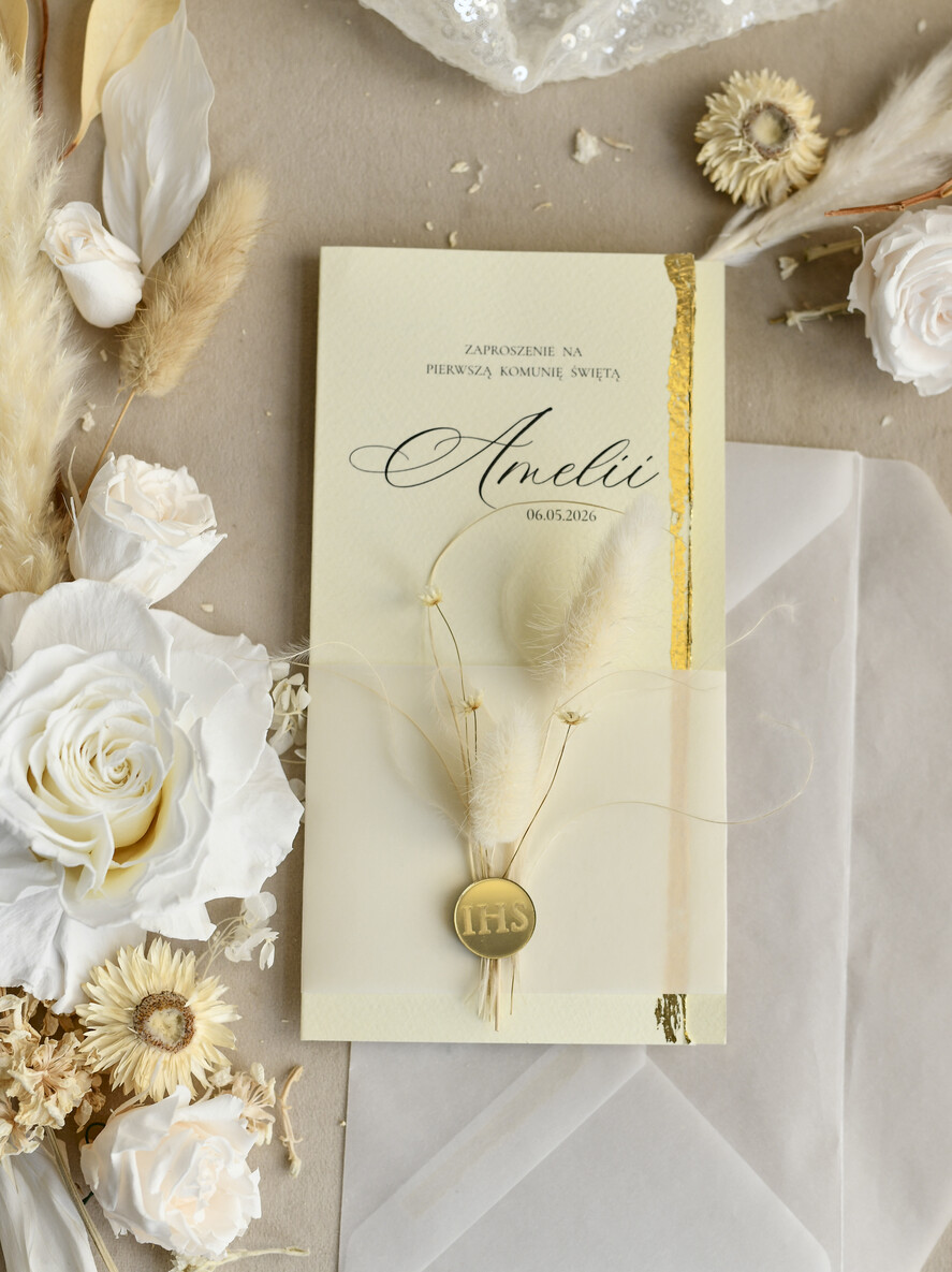 Zaproszenia na Komunię  dziewczynka  Podłużne różowe złocone zaproszenia na Komunię nowoczesne  Zaproszenia komunijne personalizowane4