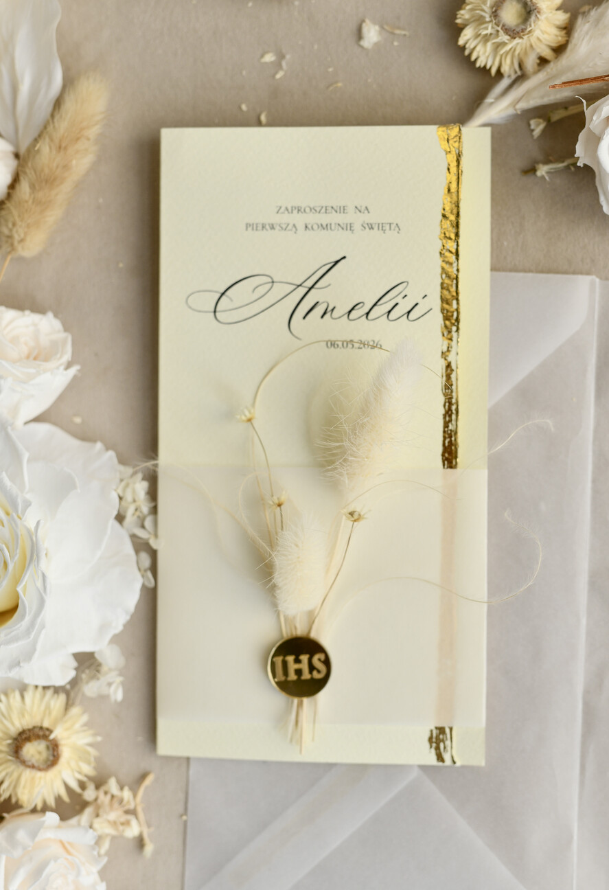 Zaproszenia na Komunię  dziewczynka  Podłużne różowe złocone zaproszenia na Komunię nowoczesne  Zaproszenia komunijne personalizowane5