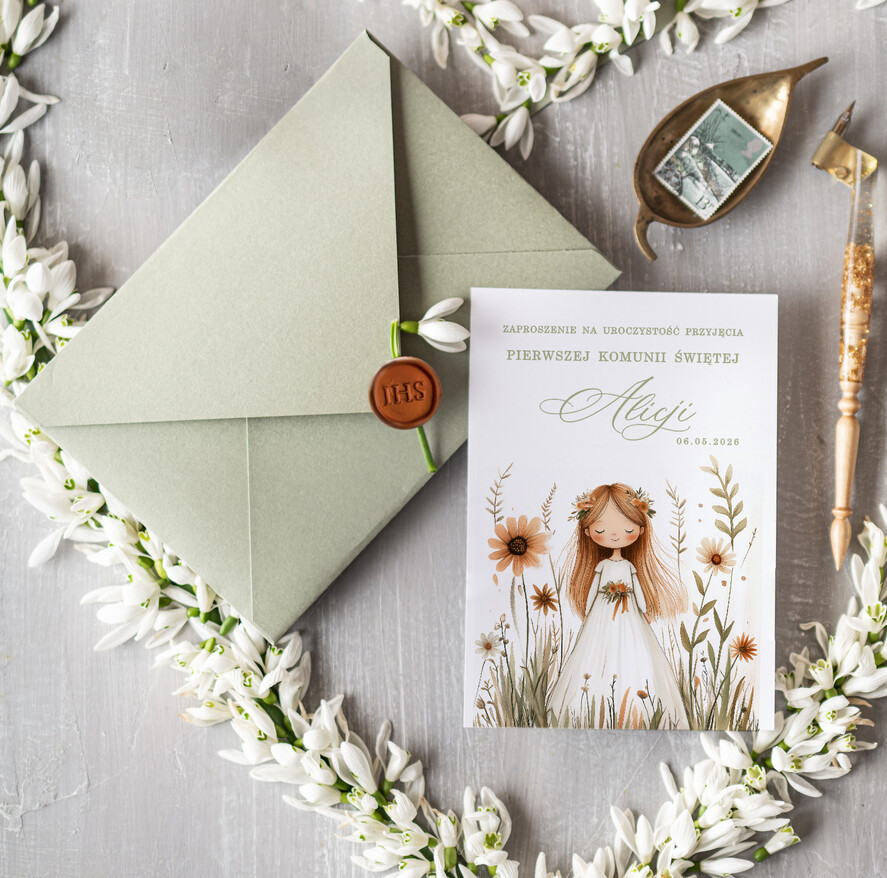 Zaproszenia na Komunię  dziewczynka  personalizowane zaproszenia Komunijne proste zaproszenie na komunię dla dziewczynki zaproszenia na komunię ze sznurkiem3